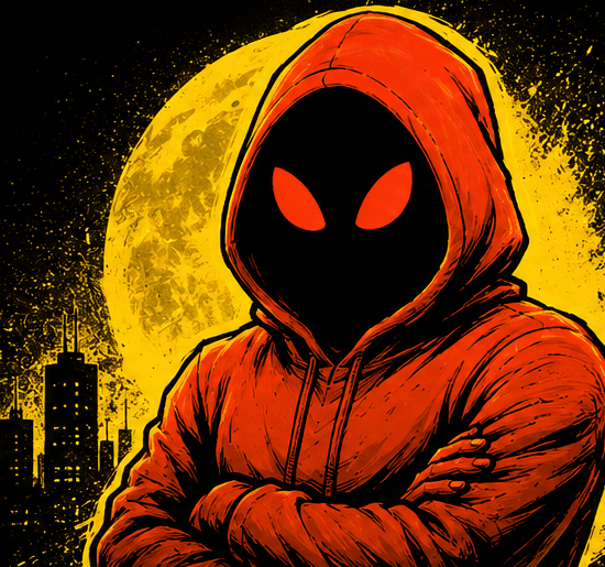 The HOOD figure — a hooded character in an orange hoodie with glowing red eyes, arms crossed before a yellow moon and a dark city skyline